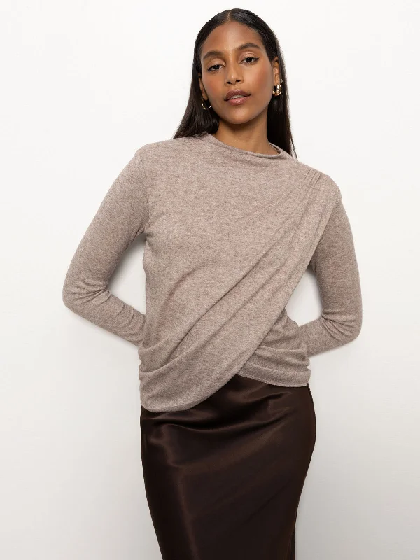 Sports High Waist Style Long Sleeve Mock Draped Top Heather Cocoa