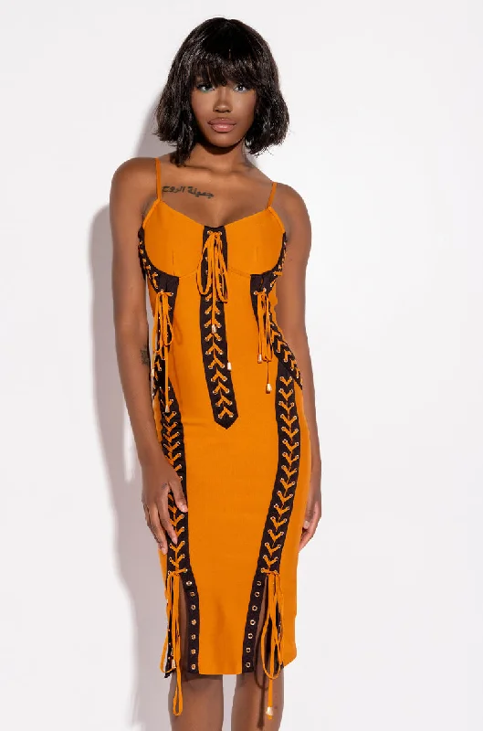 Comfortable And Simple LOVE IT LACE UP MIDI DRESS DARK YELLOW