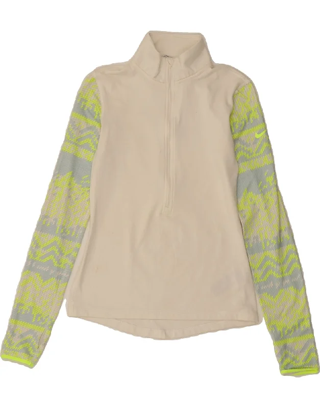 Wandering freely NIKE Womens Dri Fit Top Long Sleeve UK 10 Small Off White Geometric