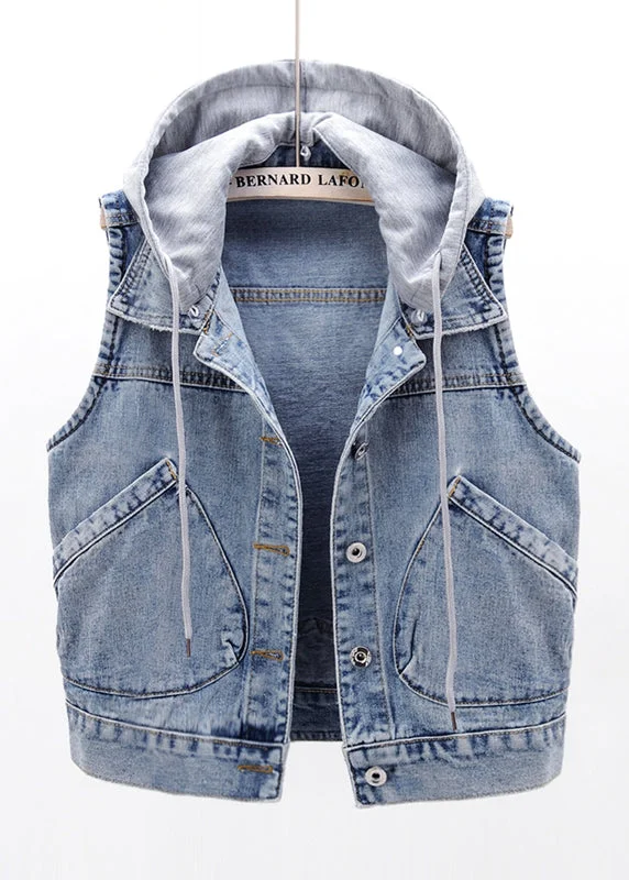 Sports Yoga Style Elegant Light Blue Patchwork Pockets Hooded Denim Waistcoat Sleeveless