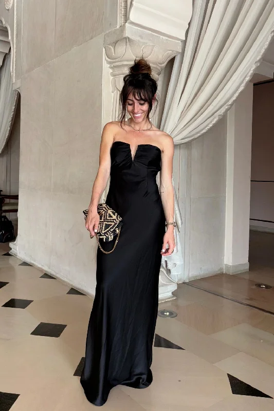 Alice style Valeria Black Strapless Satin Maxi Dress