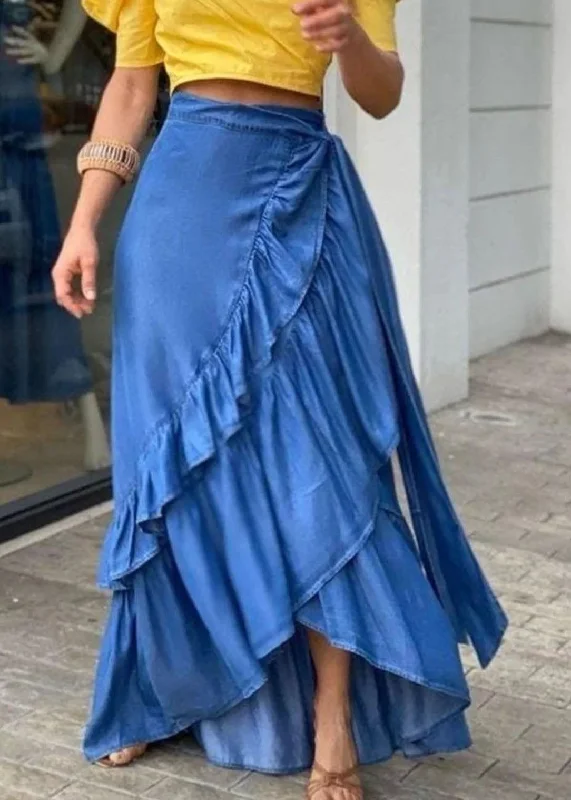 Amazing design Bohemian Blue Ruffled Tie Waist Patchwork Denim Skirts Summer