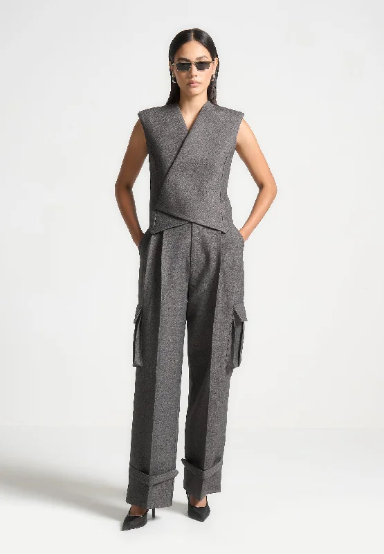 Windbreaker fashion Textured Tailored Wrap Waistcoat - Grey Marl