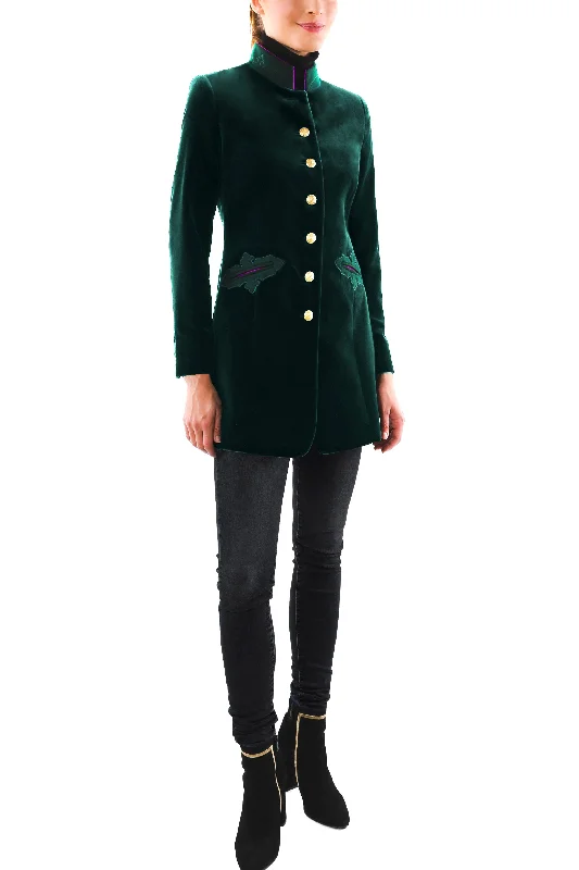 Sports suit style Long blazer from dark green velvet and loden