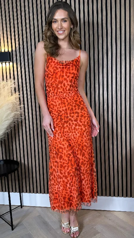 Warm and substantial Danika Orange Animal Printed Cami Strap Midi Dress