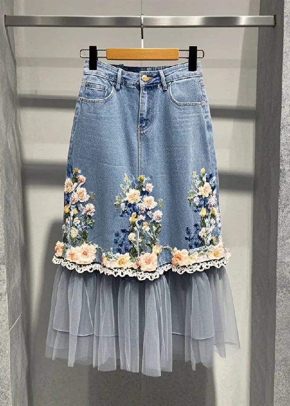 Noble Temperament Beautiful Blue Flower Patchwork Tulle Denim Skirts Fall