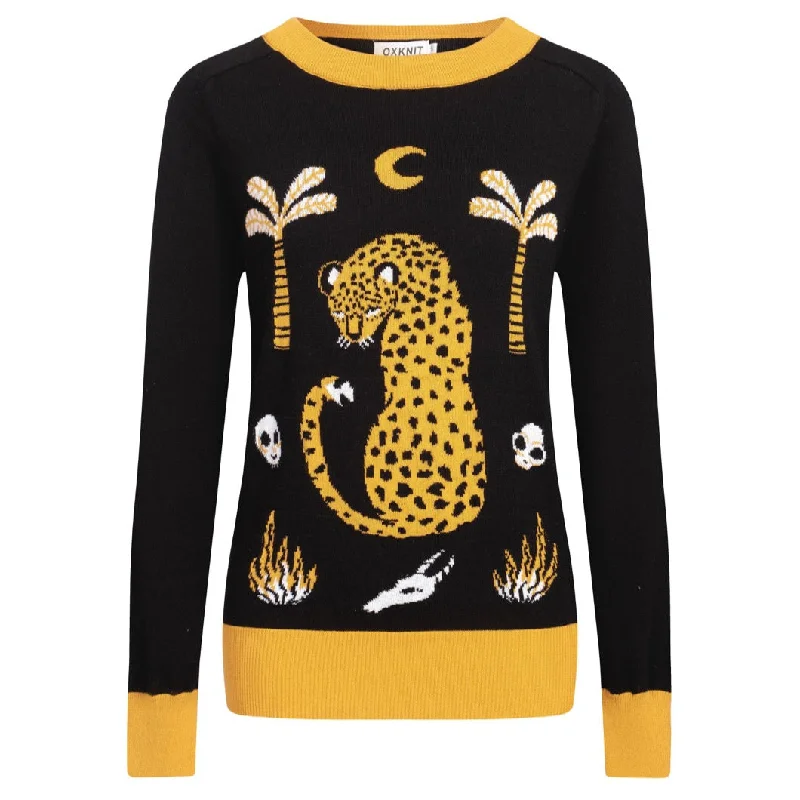 Personalized print Women's black leopard jacquard vintage sweater