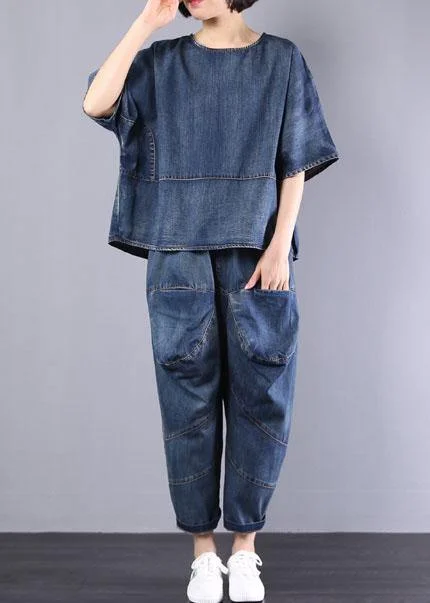Fashionable and versatile new denim blue cotton short sleeve o neck tops and big pockets pants two pieces