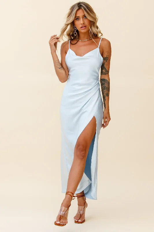 Avant-garde trend Hey Girl Long Satin Cowl Neck Dress Steel Blue