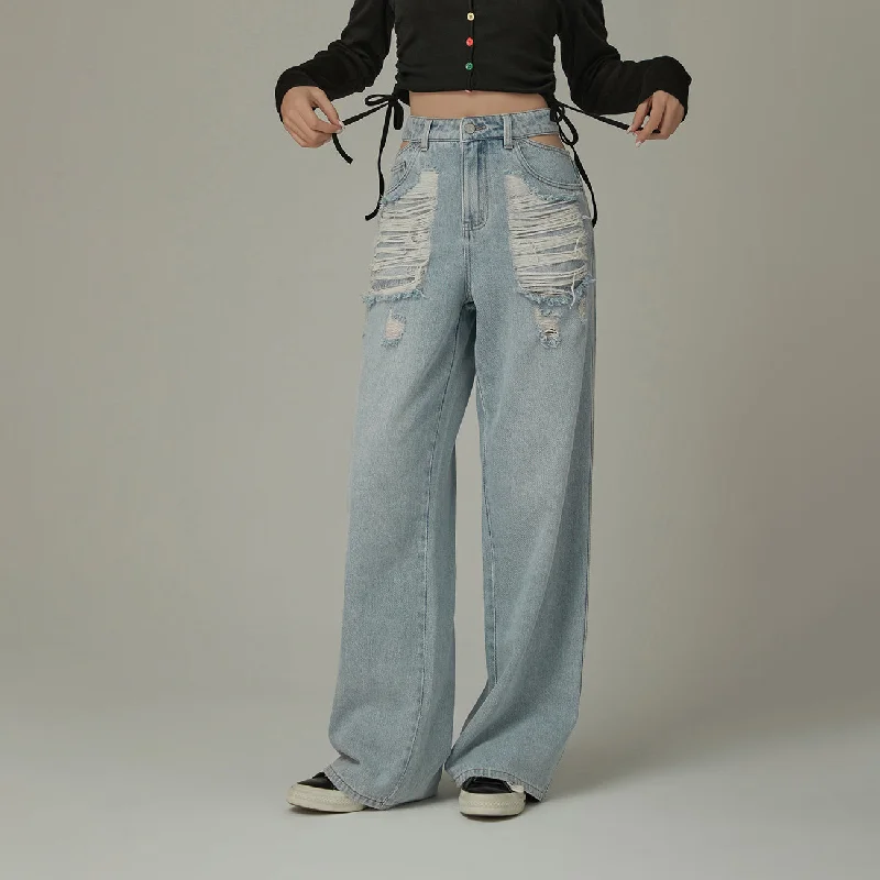 Sports Comfort Style Side Slit Distressed Ripped Baggy Denim Jeans