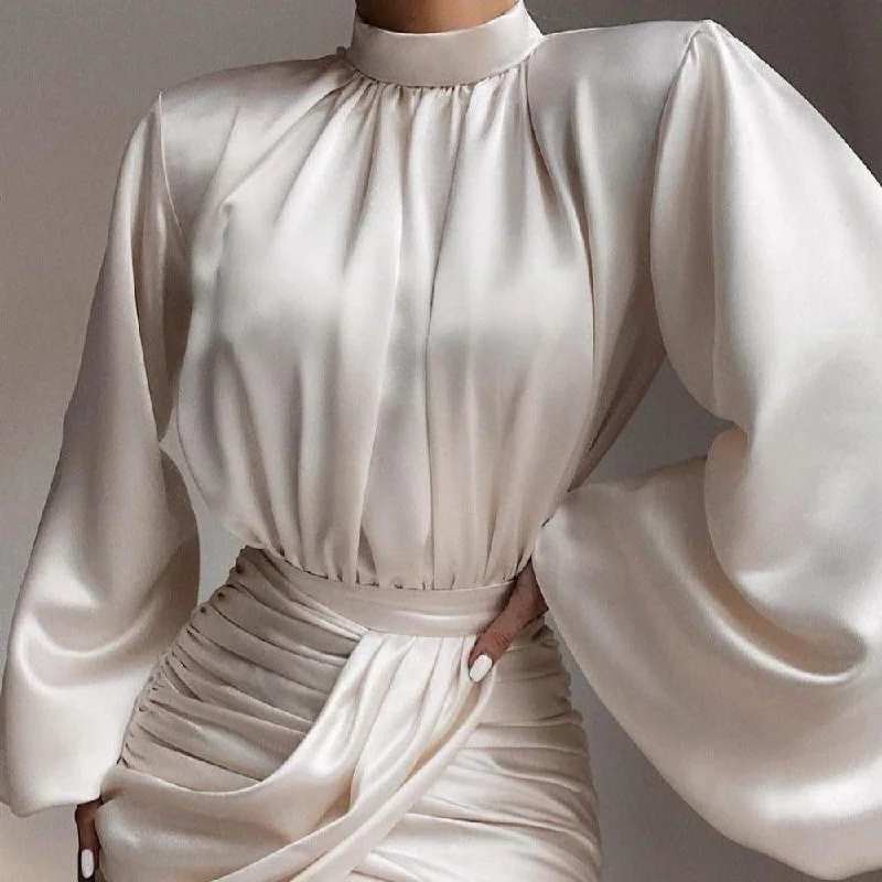 Literary Style Monaco Ruched Puff Sleeve Satin Mini Dress