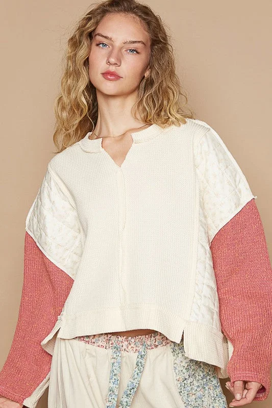 Independent design POL Waffle-Knit Contrast Notched Long Sleeve Knit Top