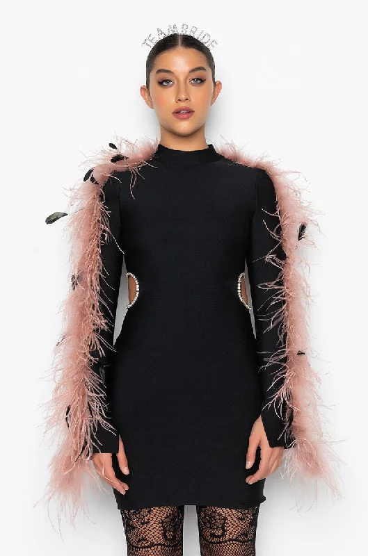 Slim Fit IN IT TO WIN REAL FEATHER BANDAGE DRESS BLACK