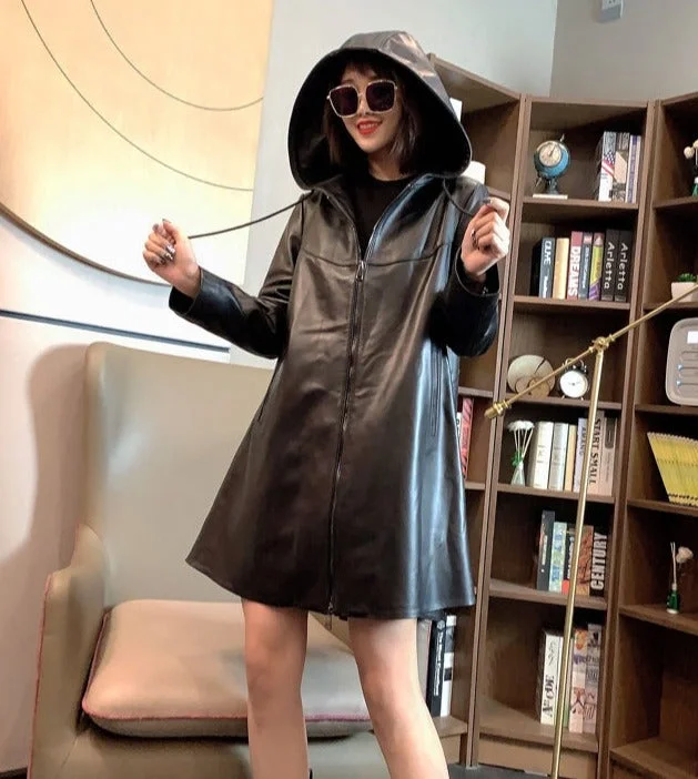 Ultra-lightweight Genuine Leather Long Jacket Hooded Loose
