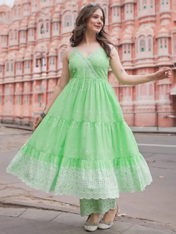 Hip-hop Style The Kiara Cut Green Self Design Cotton Anarkali Kurta With Trousers