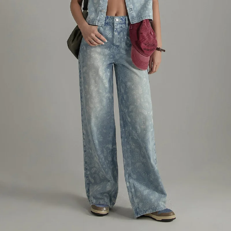 Street Letter Style Logo Paisley Washed Wide Denim Jeans