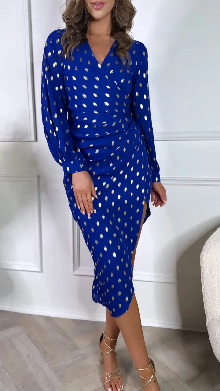 Elegant And Lazy Jasper Cobalt Blue & Gold Foil Wrap Asymmetric Dress