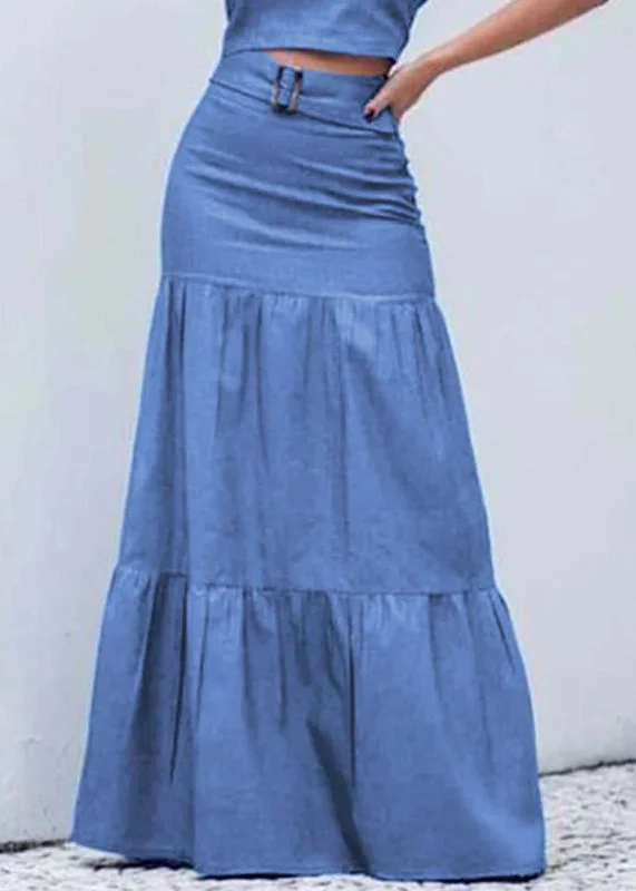 Independent design Boutique Blue High Waist Patchwork Wrinkled Denim Skirt Summer