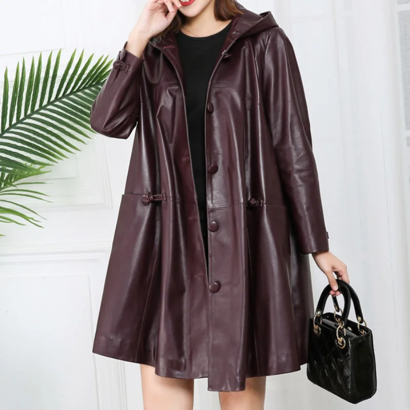 High-quality fabrics Genuine Leather Long Loose Hooded Jackets