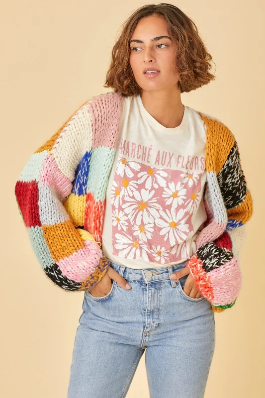 Sports Yoga Style Multicolor Color Block Checkered Thick Knit Cardigan