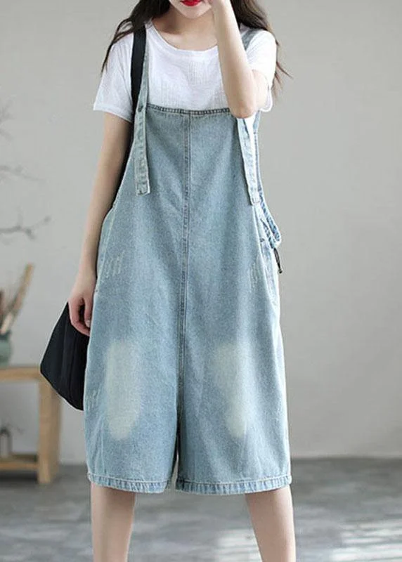 British casual Light Blue Retro Loose Pockets Summer Denim Jumpsuit Shorts