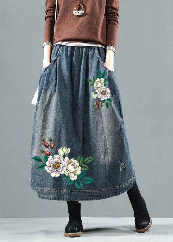 Hooded design Blue-white flower Pockets Retro Patchwork Summer Skirts Denim