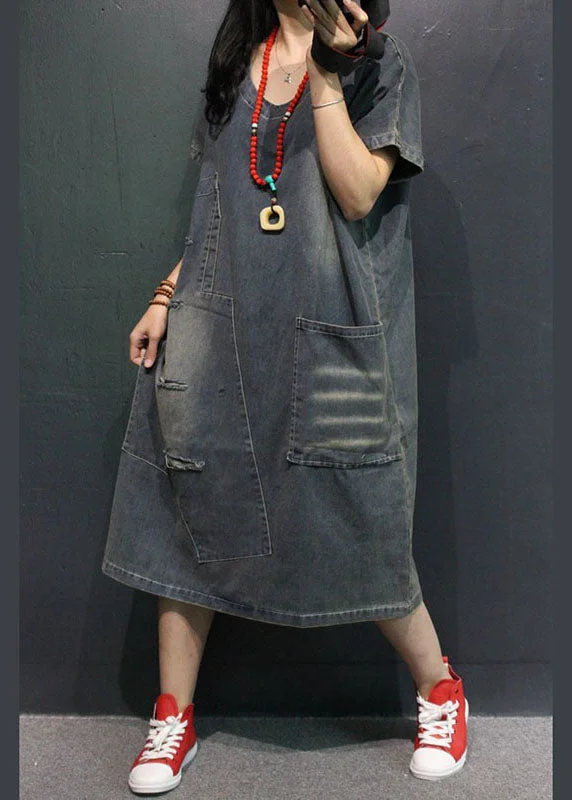 Classic Retro French Blue V Neck Pockets Hole Fall Half Sleeve Denim Vacation Dresses