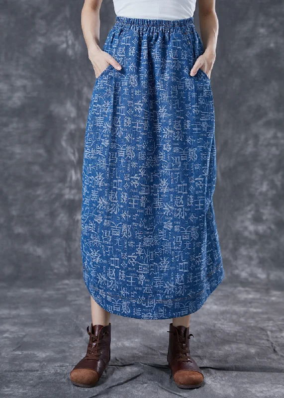 Sports Zipper Style Women Blue Elastic Waist Print Denim Skirts Summer