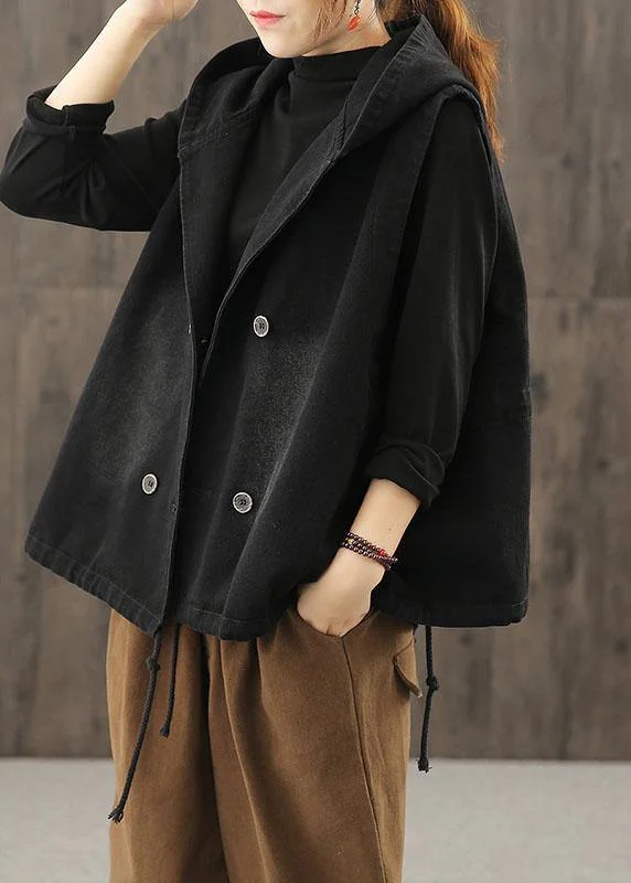 Elegant And Elegant Denim Black Waistcoat 2025 Autumn Loose Large Size Tooling Double Breasted Hooded Vest