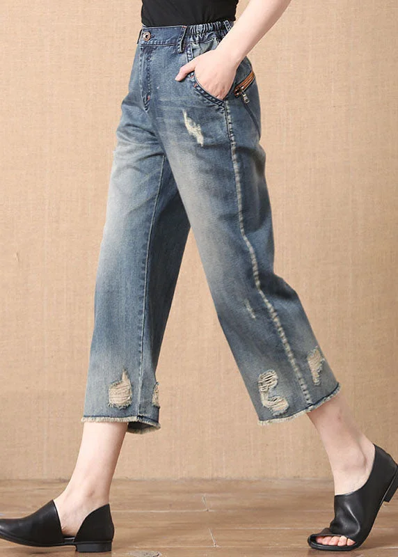 Energetic Chic Denim Blue Elastic Waist Zip Up Pockets Hole Cotton Crop Pants Summer