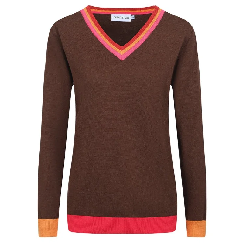 Street Vertical And Horizontal Design Women V-Neck Brown Long Sleeves Knitwear