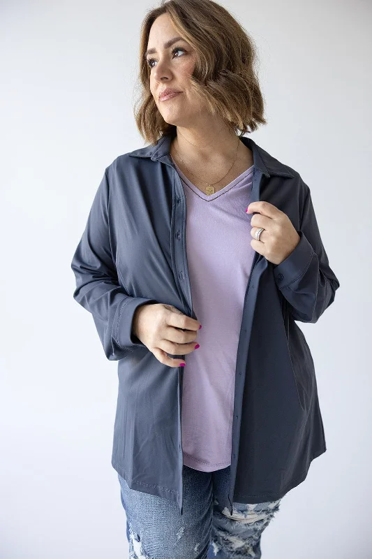 High-waisted pants style STRETCHY WRINKLE FREE BUTTON-UP BLOUSE IN LEAD