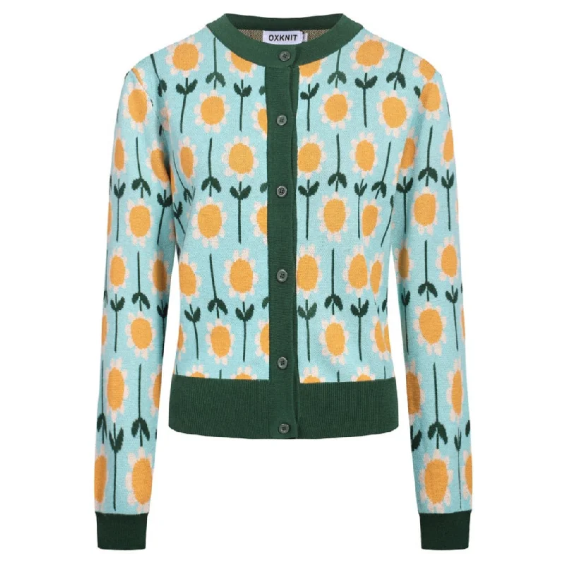 Fun and cute Women's green sunflower cardigan sweater-Cropped Length