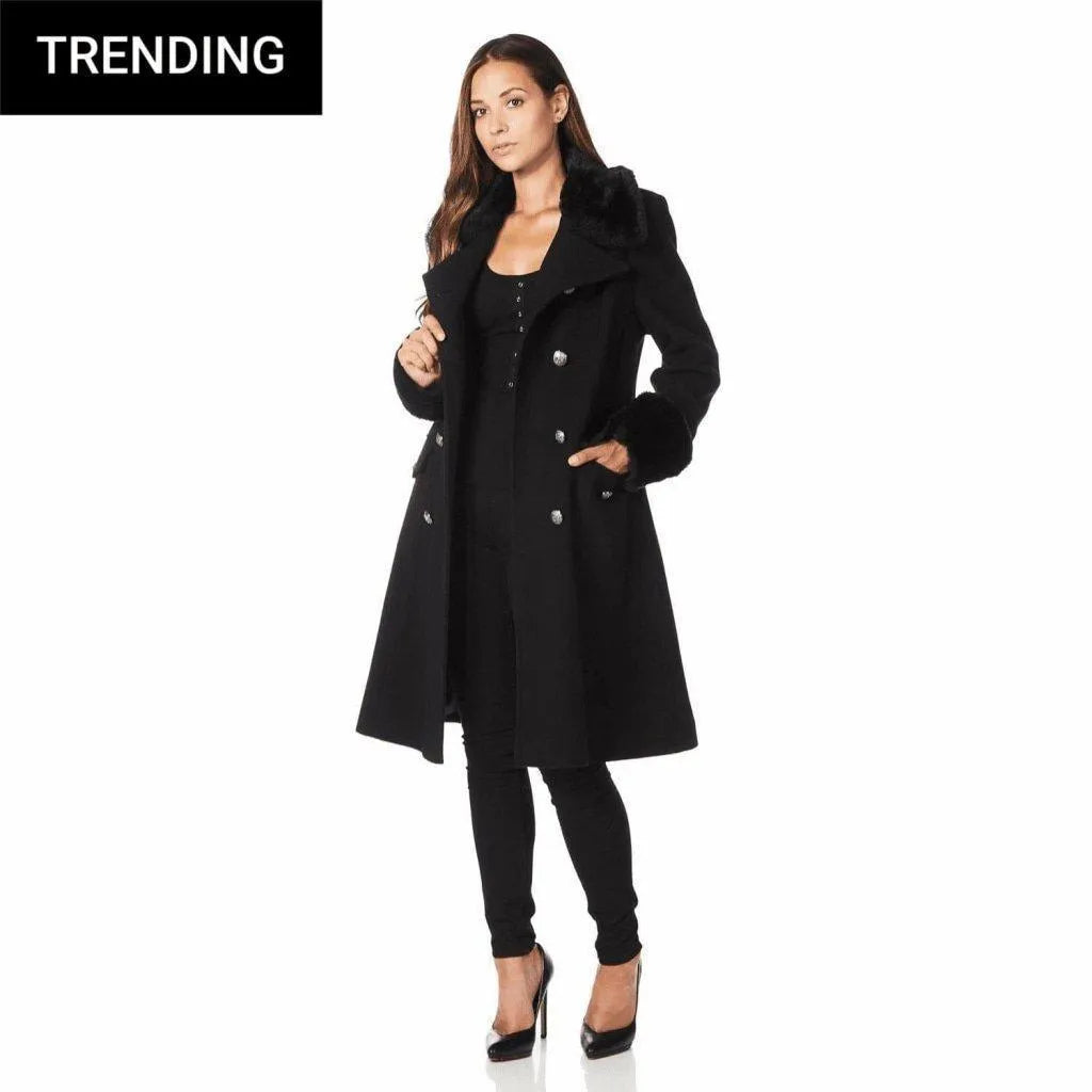 Stand-up collar design De La Creme - Womens Wool Blend Faux Fur Trim Midi Coat