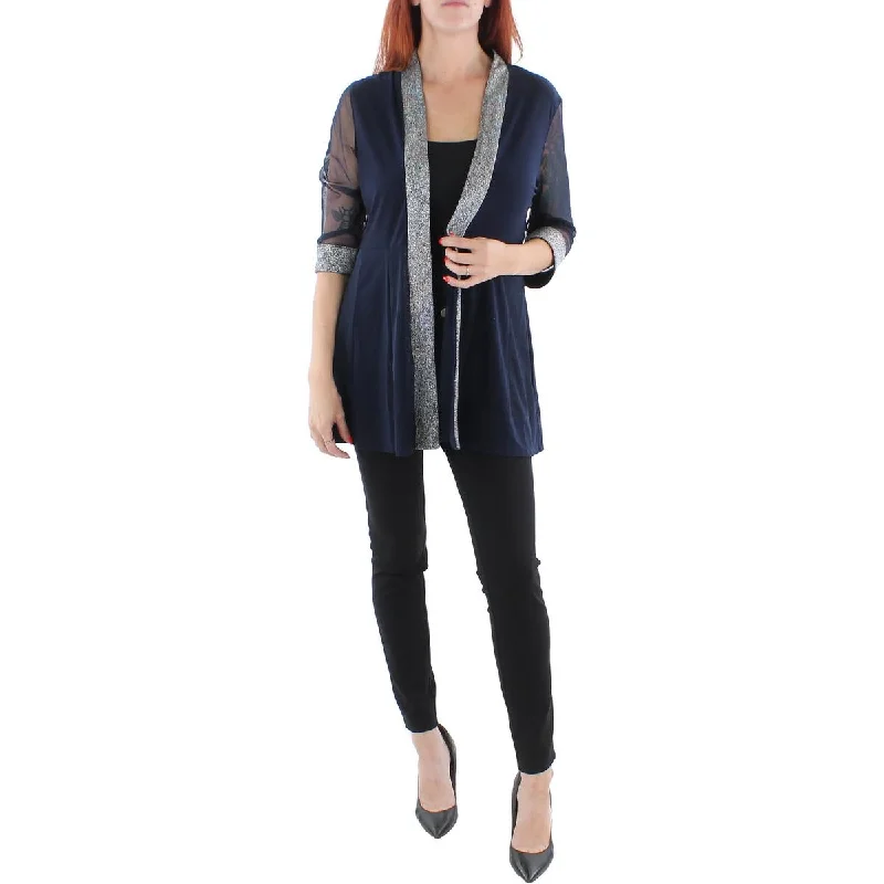 Independent design R&M Richards Womens Petites Mesh Inset Contrast Trim Duster Blazer