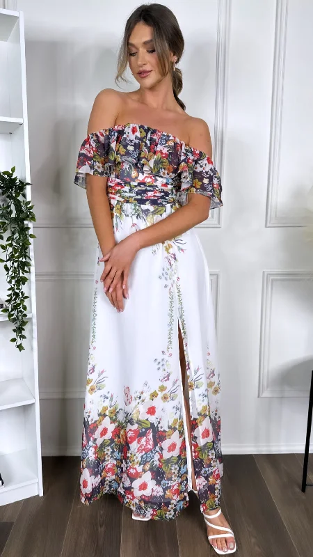 Independent design Tamsin White Off Shoulder Floral Printed Midi Dress