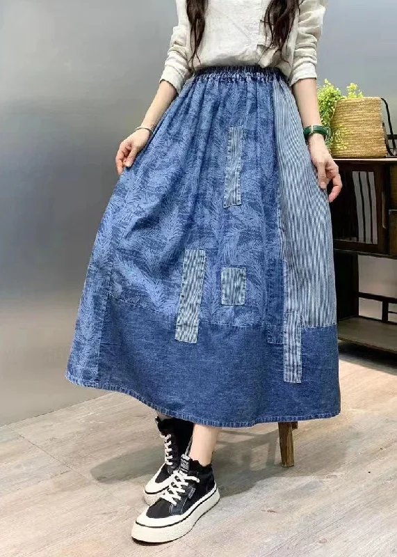 Elegant and noble Retro Blue Wrinkled Pockets Print Patchwork Denim Skirts Summer