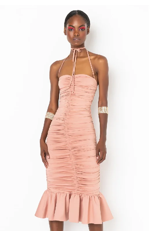 Street Letter Style SHE GOT HER OWN MIDI ROUCHED DRESS MAUVE