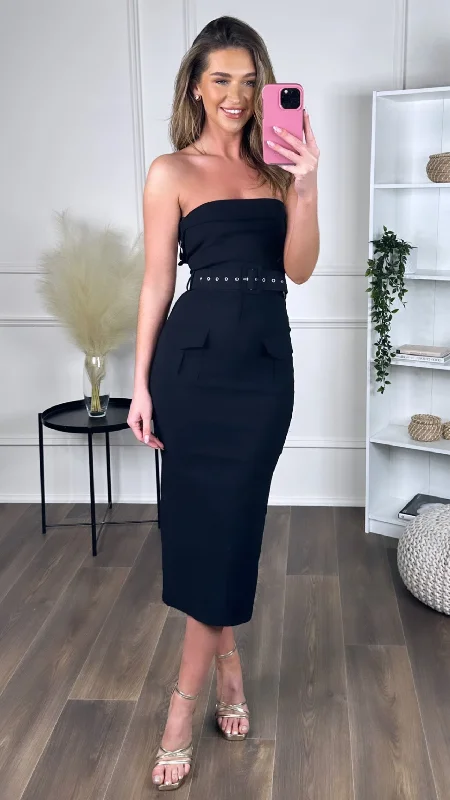 Printed pattern Nico Black Stretch Cotton Strapless Belted Bodycon Midi Dress