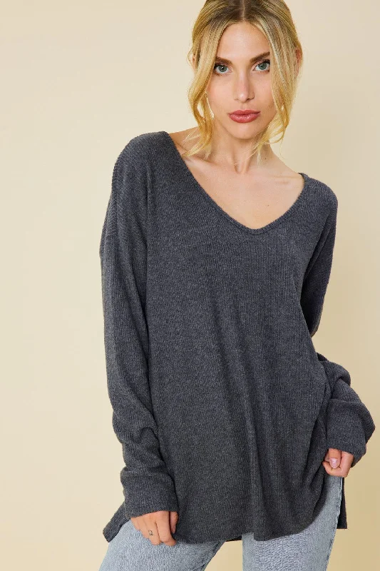 Classic Retro CHARCOAL V-NECK SOFT TOUCH RIB KNIT TOP FSLST3067