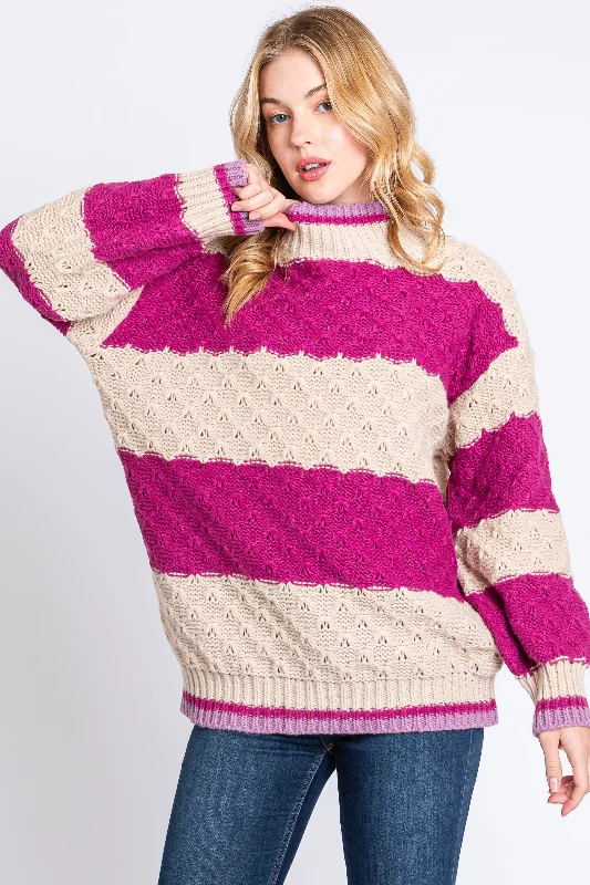 Sports Tights Magenta Striped Mock Neck Sweater