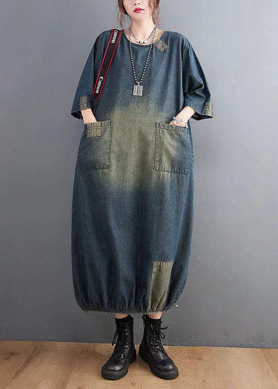 High waist design Baggy Blue O-Neck Pockets Patchwork Denim Dresses Half Sleeve
