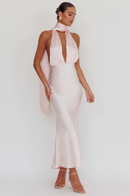 High-waisted pants style Italia Azure Halterneck Rose Dress Blush