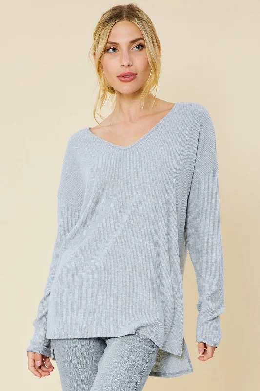 Minimal Style HEATER GREY V-NECK SOFT TOUCH RIB KNIT TOP FSLST3067