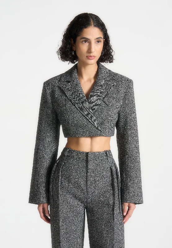 Elegant And Elegant Tailored Wool Wide Shoulder Blazer - Grey