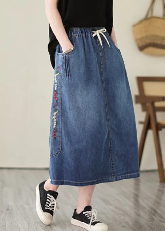 High-end atmosphere Plus Size Blue Embroideried Pockets Denim Skirts Summer