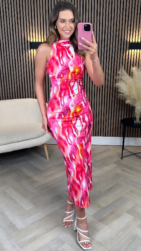 Mid-length Style Celeste Fuchsia Printed Halterneck Midi Dress