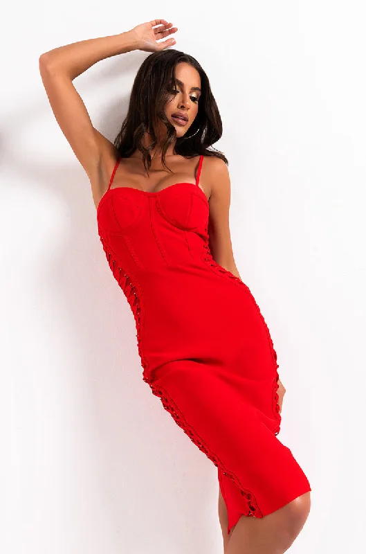 Hip-hop Style DATE NIGHT BANDAGE MIDI DRESS RED