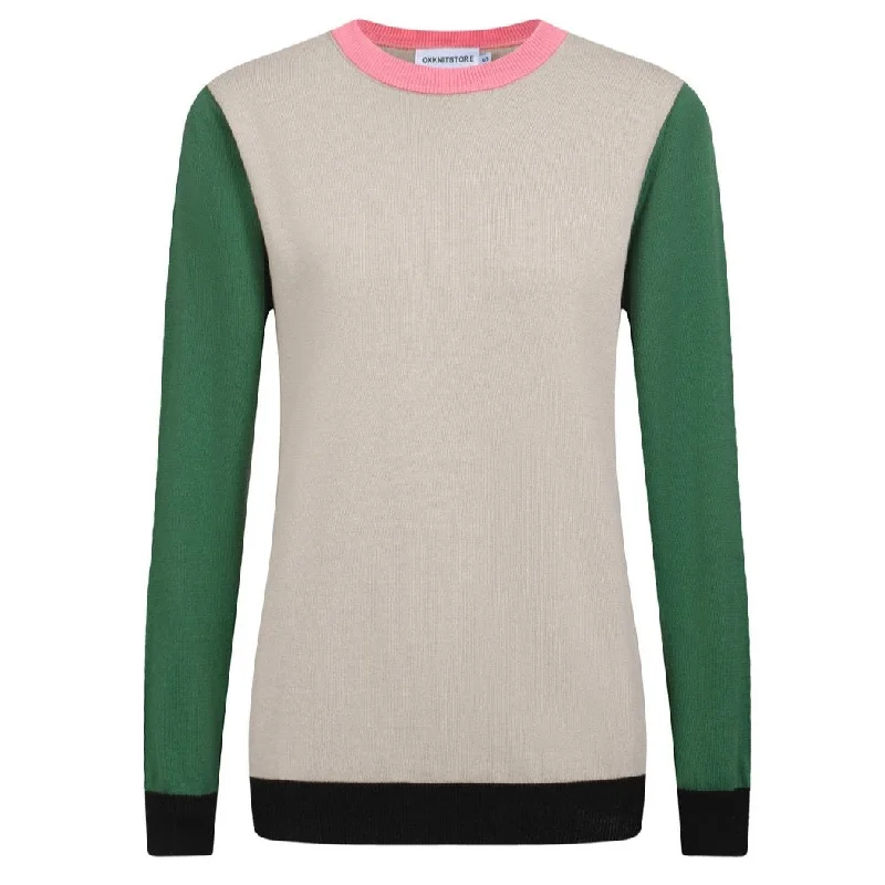 Sports Functional Style Women's beige Knitted T-shirt with  green sleeves