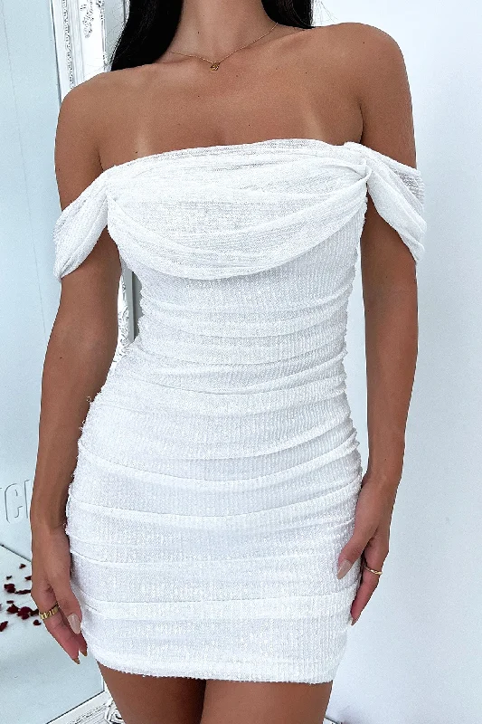 Street Sports Shoes Nara Off Shoulder Sequin Mini Dress - White Sequin
